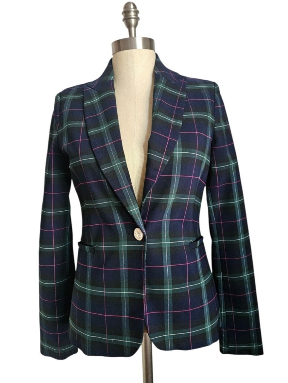 AUTRES FILLES Tartan Plaid Blazer Jacket Navy Green Pink Gold Buttons | SZ XS